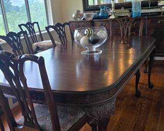 Beautifully Carved Wood Dining Set, 6 Chairs, 4 Leaves