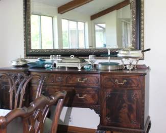 Georgious Finely Carved Wood Buffet, Nice Black Gold Beveled Mirror,  SILVER Serving Items Reed Barton