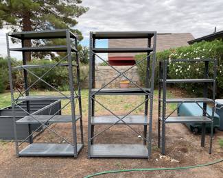 3 large metal shelves-36x18x72                                                     3 smaller metal shelves-30x12x57