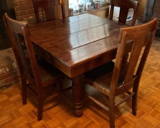 Beautiful Antique wooden table- at least 100 years old-42x42x30. Includes four matching high-back chairs