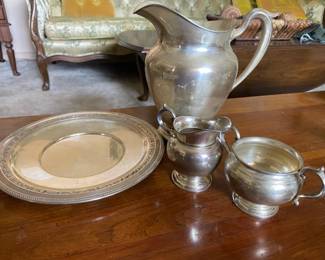 Silver plate, pitcher,  cream and sugar bowl