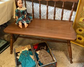 Wood bench-37x17x32.      Vintage doll with case and accessories 