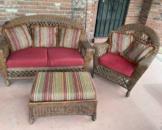 outdoor wicker patio furniture- bench-56x36.               chair-36x38 & ottoman-30x18x17