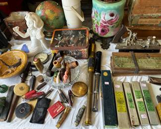 Vintage kiss, lunchbox, sharpening stones, drill, bits, and other things
