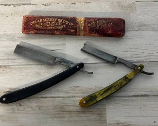 Lot of 2 Antique Straight Razors – J.R. Torrey, The Best, Barber Hollow Ground with Case