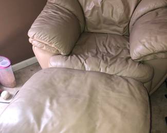 Beige soft leather chair & ottoman