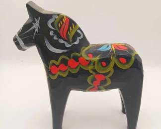 Nils Olsson Black Wooden Horse Figurine With Colorful Design