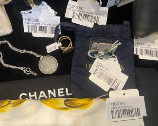 Chanel Silk Scarf, 18k Ippolita Earrings (BL), 14k Twist Bracelet (BL) 14k Diamond Kinl Bracelet (BL), 14k Hinged Bracelet (BL)