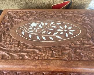 Antique hand carved jewelry box with inlay