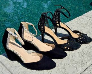 ($20; Cole Hahn suede wedge heals with faux animal print ankle strap; size 9) ($60; Antonio Melani black sparkle ankle strap heels; barely worn; size 8.5)