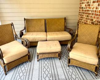 ($300; Acacia Home & Garden brand outdoor resin wicker and resin frame couch with ottoman and cushions; 75x42x39) ($250--2 available--Acacia Home & Garden brand outdoor resin wicker and resin frame chair with cushions; 28x32x39) ($60; indoor/outdoor rug; 8'x10')