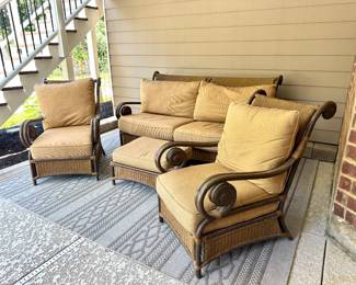 ($300; Acacia Home & Garden brand outdoor resin wicker and resin frame couch with ottoman and cushions; 75x42x39) ($250--2 available--Acacia Home & Garden brand outdoor resin wicker and resin frame chair with cushions; 28x32x39) ($60; indoor/outdoor rug; 8'x10')