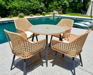 $200; outdoor (or in!) 5-piece resin wicker table and chair set with metal base and glass top and seat cushions; in great shape; table: 35"dx29"h; chair: 25x24x34