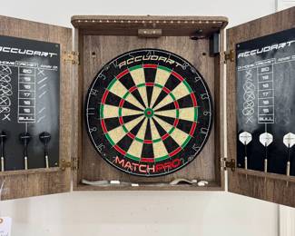 SOLD; Accudart hanging wall dart game cabinet with an LED light strip and chalk board score boards