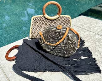 ($30; woven bag with wood circle handles) ($30; woven oval, hard-case bag with leather strap) ($28; Danielle Nicole macrame black bag with wood handles)