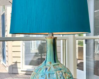 $60; ceramic geometric lamp with silk shade; 14"dx28"h