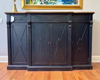 $800; Hooker Furniture Sanctuary line 4-door, 3-drawer credenza with distressed black finish on base and light wood top; in excellent condition; 77x21x51