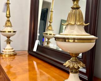 $200 each--2 available--vintage Hollywood regency style brass and porcelain Stiffel torchiere table lamp; shades included, but not shown; 7"dx39"h; close up detail of lamp