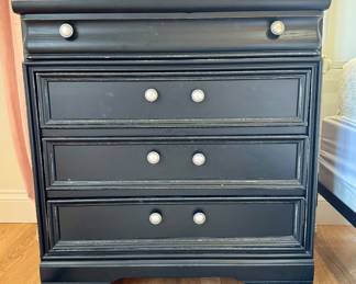 $300; Lexington 4-drawer nightstand with chrome hardware, distressed black, (coordinates with another nightstand and desk); 28x19x31