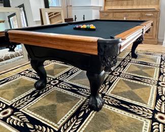 ($800; CL Bailey & Co pool table with black felt, black leather pockets, black wood claw feet, including pool cues & stand, 2 sets of balls and accessories all in great shape; PLUS heavy duty ping pong table topper with accessories; Great Deal!!! 55"x100"x31") ($350; black and tan geometric patterned rug; approximately 9'x12')