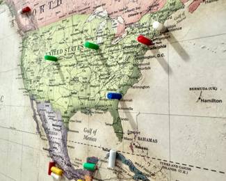 SOLD; magnetic framed world travel map with magnetic markers; 54x36; close up of magnetic markers