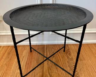 $100; metal side table with basket weave pattern on top; 22"dx19"h