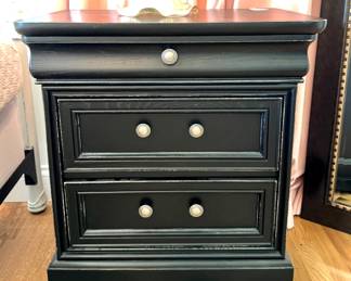 $200; Lexington 3-drawer nightstand with chrome hardware, distressed black, (coordinates with another nightstand and desk); 24x17x27. Great condition
