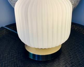 SOLD; frosted glass table lamp with gold tone base; 9"h