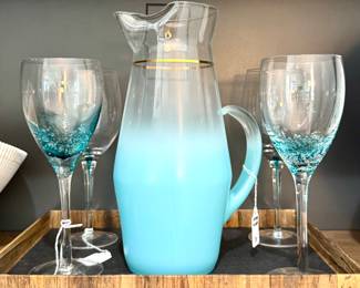 ($36; pair of teal bubble wine glasses) (STAFF FAVORITE! $50; vintage teal pitcher with gold rim--perfect for cocktails)