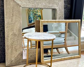 (SOLD; silver textured frame; 40x40) (SOLD; gold-tone, bamboo style mirror; 31x25) (SOLD; white marble and gold tone Milan-style side table; 16"dx17"h)