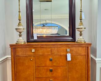 ($1600; This piece is so much prettier in person! Fantastic detail! Hickory & White Genesis Collection master chest with 7 drawers, 2 doors in a caramel color and brass hardware; 55x19x46) ($200 each--2 available--vintage Hollywood regency style brass and porcelain Stiffel torchiere table lamp; shades included, but not shown; 7"dx39"h) ($150; dark wood, beveled edge, large format mirror; 39x56)