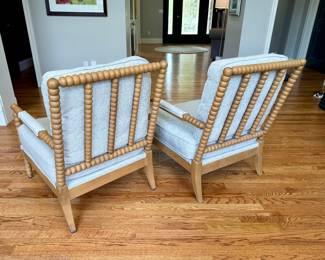 $300 each (2 available); beaded wood chairs with linen upholstered loose pillows; in great shape; 28x30x37; back view of beaded wood