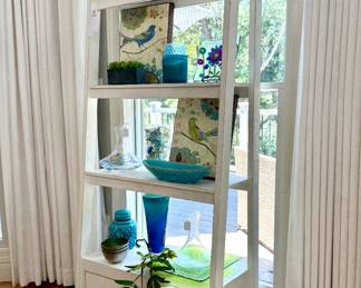 $150; distressed white, 4-shelves and 1 drawer etagere; 30x16x69