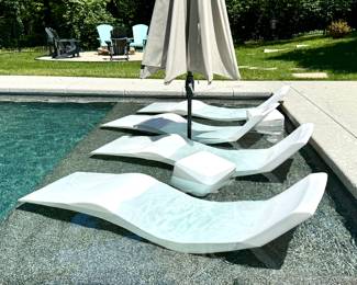 ($330 each--4 available; Aqua brand in-pool lounge chair; just like a resort!; 22x71x21) ($100 each--2 available; in-pool side table; 13x13x14) ($100; Sunvilla umbrella with linen-type outdoor fabric and tilt feature; 9'd)