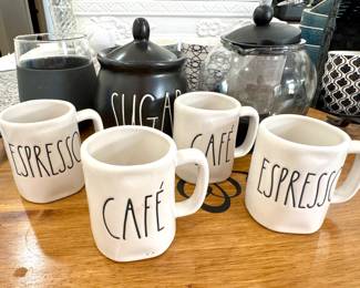 ($60; set of 4 Rae Dunn espresso cups) ($12; Porter rubber lined, stemless wine glass) ($16; Rae Dunn sugar bowl) ($10; tea infuser)