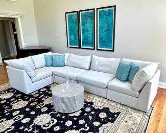 ($1800; Bassett L-shaped sectional sofa with loose-back and seat cushions; 154" x 80" as shown (may be rearranged) Great condition! Minor spot on the underside of one cushion. 