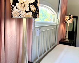 $90 each (2 available); maximalist style, fluted glass table lamp with black floral and avian shades; 10"dx40"h
