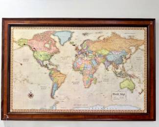 SOLD; magnetic framed world travel map with magnetic markers; 54x36