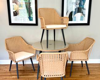 $200; outdoor (or in!) 5-piece resin wicker table and chair set with metal base and glass top and seat cushions; in great shape; table: 35"dx29"h; chair: 25x24x34