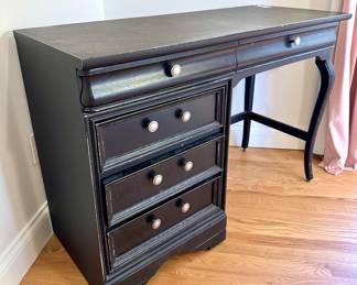 $100; Lexington furniture, distressed black, 5-drawer desk with chrome hardware (as is, shows wear on the top) (coordinates with 2 nightstands); 44x19x30