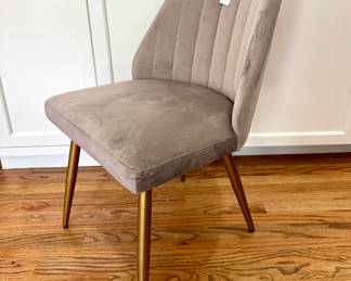$120 each (6 available); LeiLani channel back chair with gold accent legs and ultra suede upholstery; 21x19x33