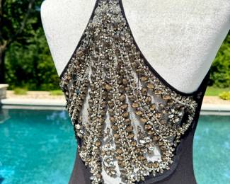 $60; Cache floor length evening gown with beaded spaghetti straps and back detail; size 6; closeup of beading detail