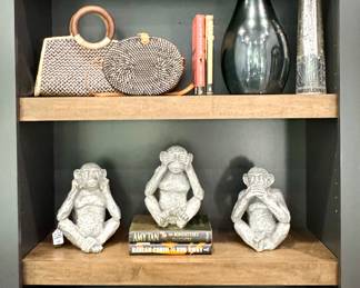 ($24; M&M letters; top) ($24; blue glass vase; top right) ($12; crackled silver vase; top right) ($54; set of 3 silver resin monkey see, hear, do statues; center) ($38; Nicole Miller silver waste basket; bottom left) ($12; glass vase; bottom right)