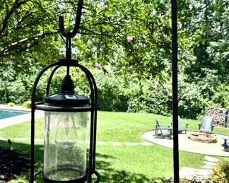 $70 each (3 available); solar metal and bubble glass Edison lantern on shepherd's hook pole