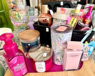 Pretty in Pink--shop this sale in person for a variety of glasses, candles, perfume.