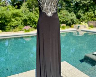 $60; Cache floor length evening gown with beaded spaghetti straps and back detail; size 6; view of back