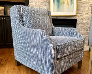 $450 each (2 available); blue and white upholstered chair by Bassett; 31x36x37. Great condition! 