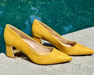 $40; Zara Basic mustard suede pump with gold heel accent; barely worn; size 40