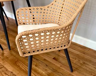 $200; outdoor (or in!) 5-piece resin wicker table and chair set with metal base and glass top and seat cushions; in great shape; table: 35"dx29"h; chair: 25x24x34; close up of chair