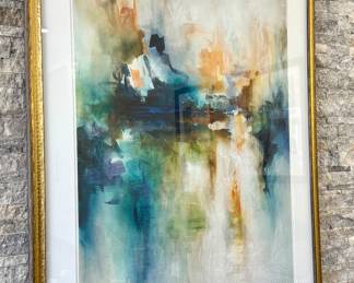 $200; abstract art print in white mat and gold frame (as is--bottom piece of frame is loose; easy fix); 32x42